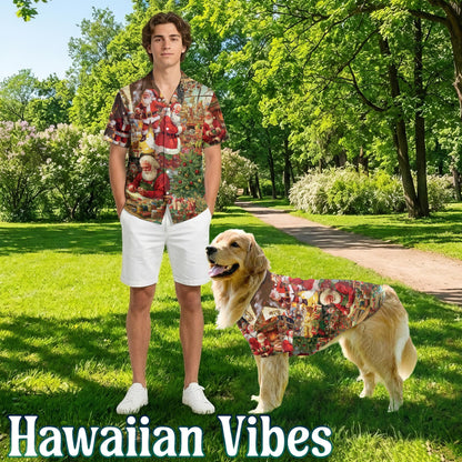 Netecom Matching Vintage Santa Claus Christmas Aloha Hawaiian Shirt for Dog and Owner, Aloha Summer Shirt, Retro Holiday Santa Print Outfit for Pet and Human, Beach Vacation Casual Wear