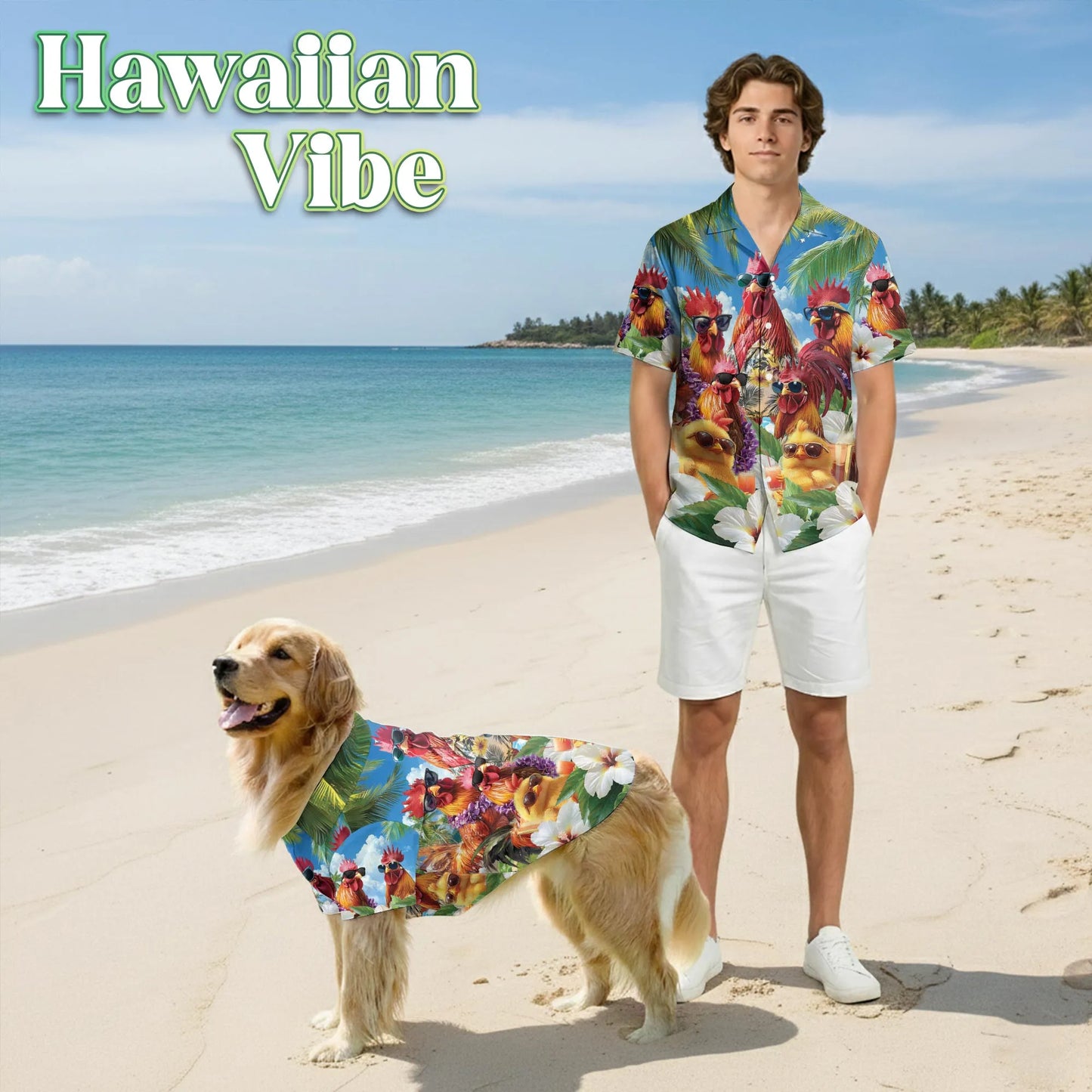Funny Chicken Wearing Sunglasses Print Hawaii Dog and Owner Matching Button Shirts