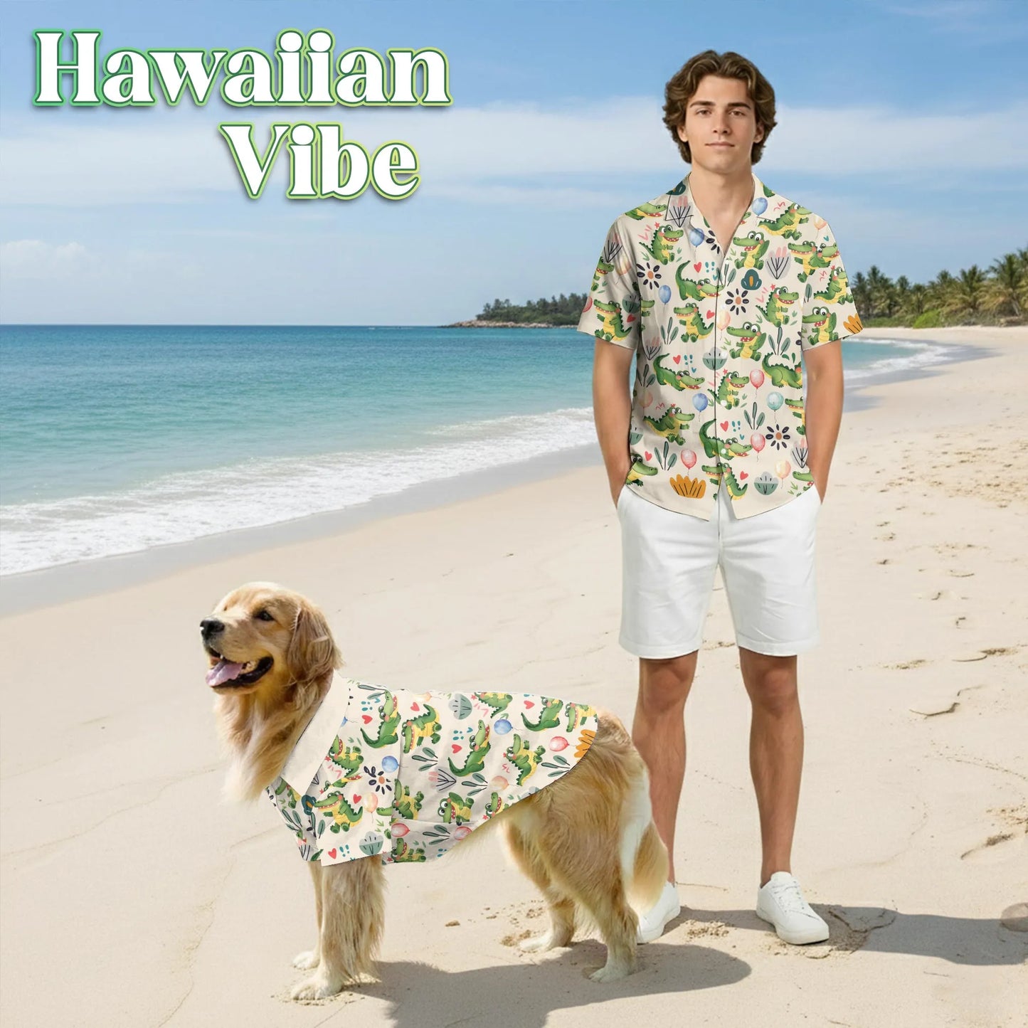 Funny Alligator Cartoon Pattern Hawaii Dog and Owner Matching Button Shirts