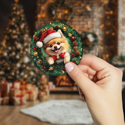Netecom Cute Pomeranian Christmas Ornament, Dog Santa Hat Ceramic Ornament for Xmas Tree Hanging Decorations Gift, Puppy Lover Gifts, Home Decor, Holiday Party Present