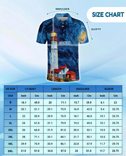 Lighthouse Starry Night Polo Shirt for Men – Coastal Art Style | Netecom