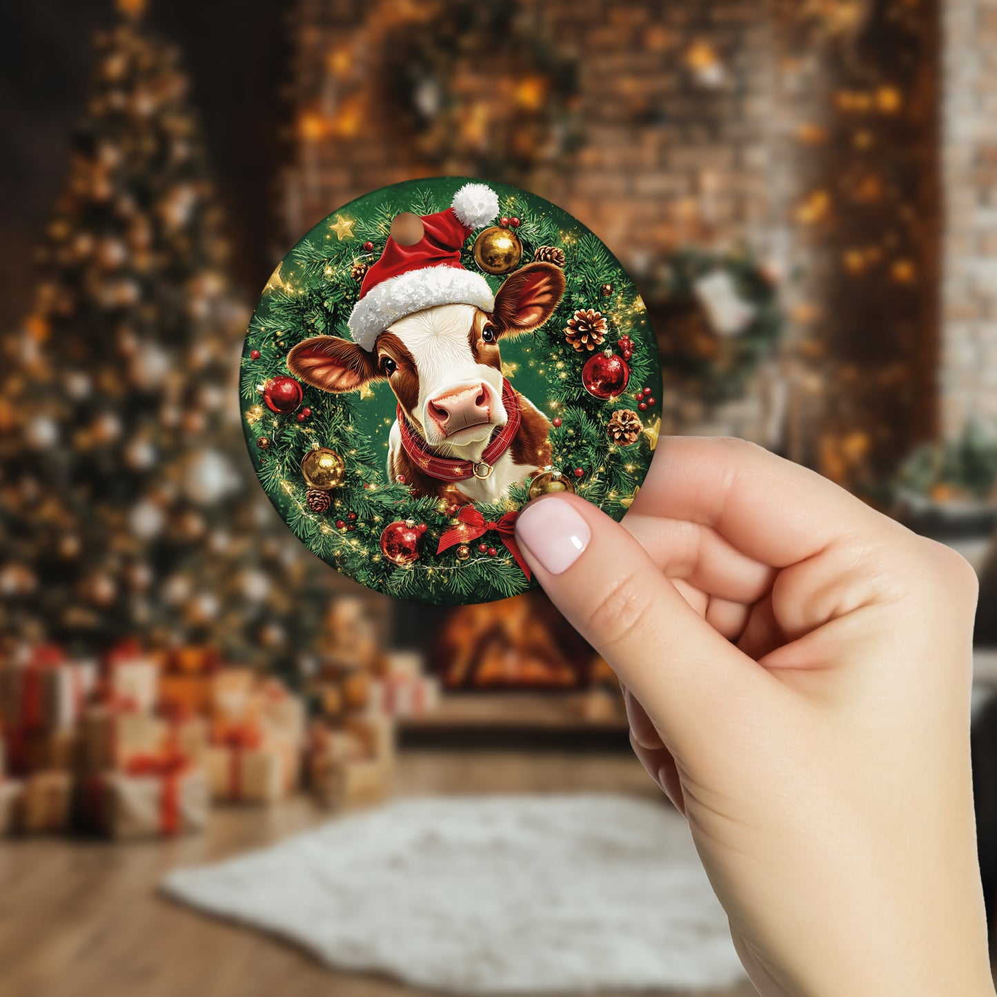 Netecom Cute Dairy Cattle Cow Christmas Ornament, Farm Animal Christmas Ceramic Ornament for Xmas Tree Hanging Decorations Gift, Gifts for Cow, Farmer, Holiday Party Present