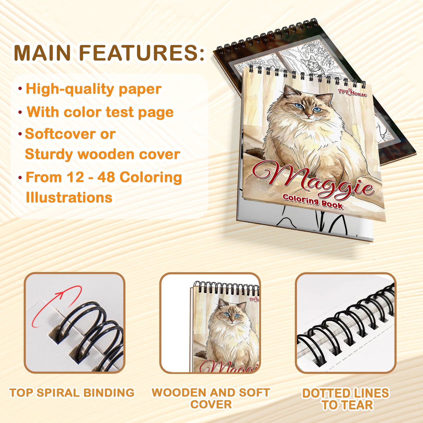 Personalized Cat Coloring Book for Adults – Custom Cat Line Art Coloring Pages from Photos, 12–48 Pages, Pet Memory Keepsake for Pet Lovers, Premium Wooden Cover, Spiral Binding