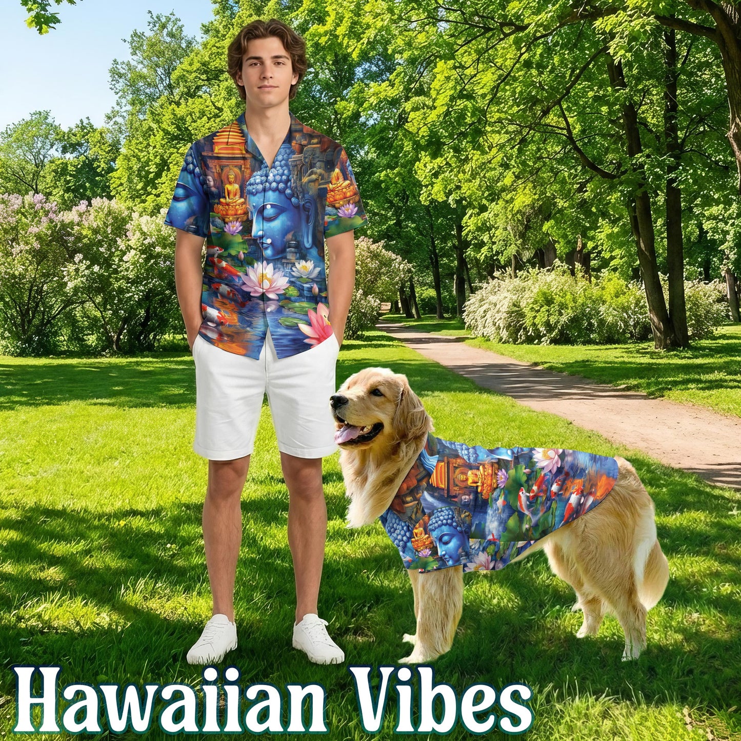 Netecom Matching Buddha Hawaiian Shirt for Dog and Owner, What You Think You Become Aloha Summer Shirt, Zen Print Button Down Outfit for Pet and Human, Beach Vacation Casual Wear
