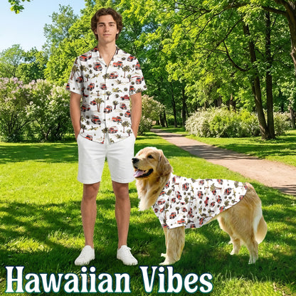 Netecom Matching Fire Truck Hawaiian Shirt for Dog and Owner, Aloha Summer Shirt, Firefighter Theme Button Down Outfit for Pet and Human, Beach Vacation Casual Wear
