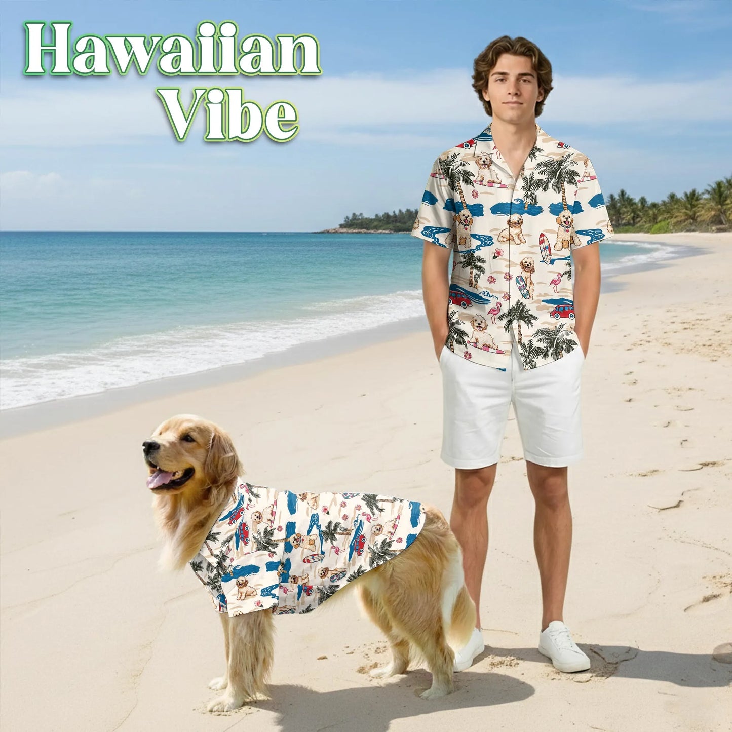 Goldendoodle Tree Beach Print Hawaii Dog and Owner Matching Button Shirts
