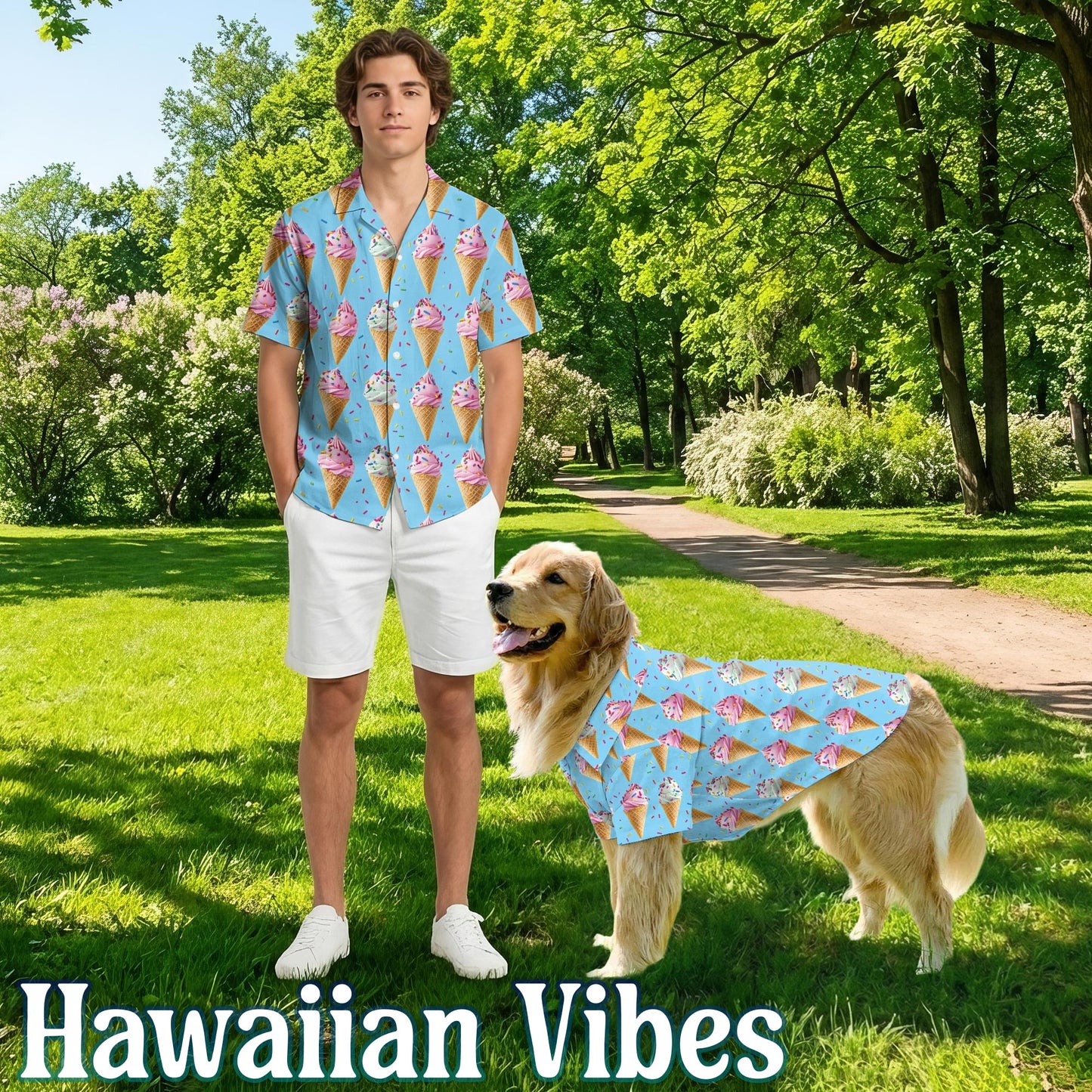 Netecom Matching Ice Cream Aloha Hawaiian Shirt for Dog and Owner, Colorful Dessert Theme Summer Button Down Shirt, Fun Beach Vacation Casual Wear for Pet and Human