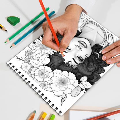 Black Women Flowers Spiral Bound Coloring Book, Celebrating Black Women Amidst Floral Beauty, Ideal for Empowerment and Artistic Expression