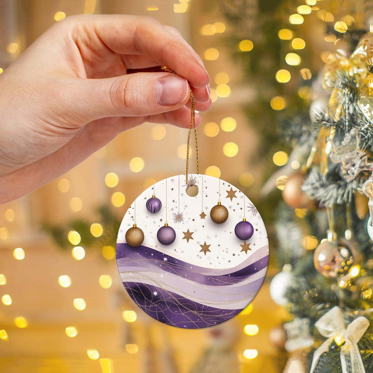 Netecom Elegant Purple and Gold Abstract Baubles Christmas Ornaments, Ceramic Hanging Balls with Glitter Star Keepsake Ornament for Xmas Tree Decorations, Gifts for Holiday, Party, Home Decor