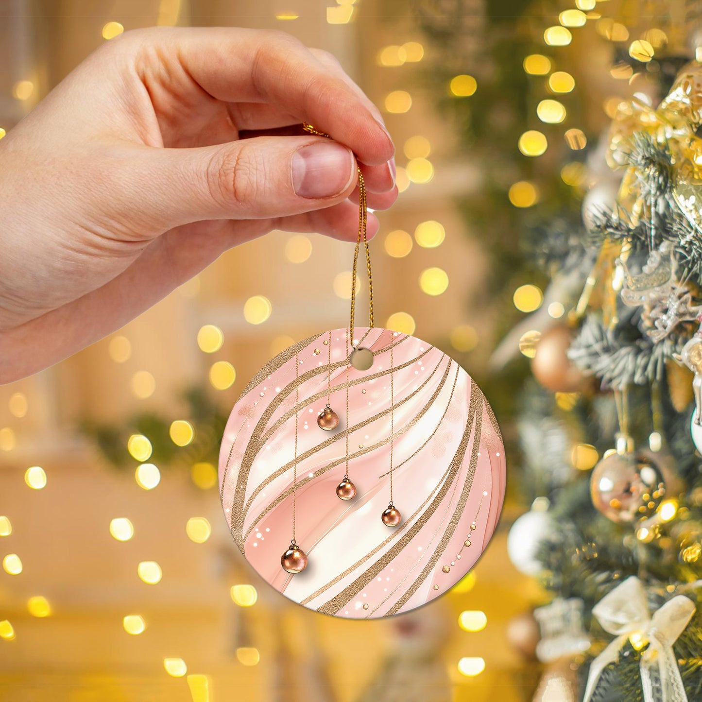 Netecom Elegant Pink Baubles Christmas Ornaments, Ceramic Hanging Balls with Glitter Swirl Keepsake Ornament for Xmas Tree Decorations, Gifts for Holiday, Party, Home Decor