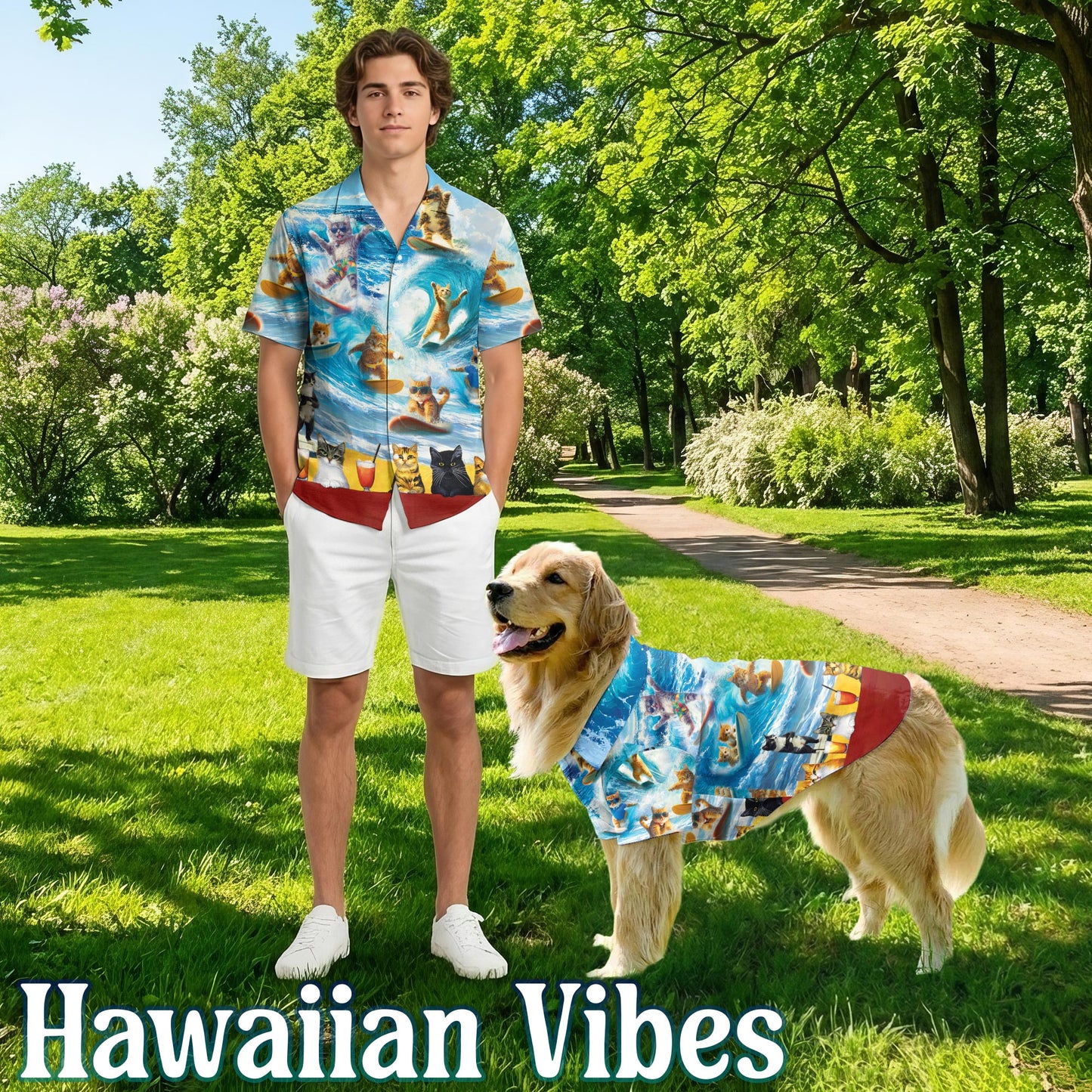 Netecom Matching Cat Surfing Hawaiian Shirt for Dog and Owner, Aloha Summer Shirt, Surf Cat Print Button Down Outfit for Pet and Human, Beach Vacation Casual Wear