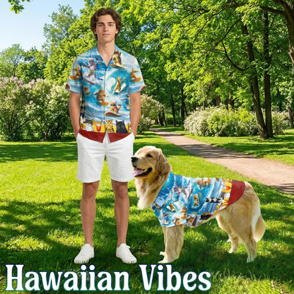 Netecom Matching Cat Surfing Hawaiian Shirt for Dog and Owner, Aloha Summer Shirt, Surf Cat Print Button Down Outfit for Pet and Human, Beach Vacation Casual Wear