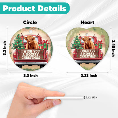 Netecom Funny Highland Cow in Red Truck Ornament, I Wish You a Moorry Christmas Ceramic Ornament for Christmas Tree Hanging Decorations Gift, Farm Animal Lover Gifts, Holiday Party Present
