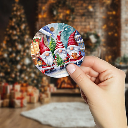 Netecom Funny Christmas Gnomes Ornament, Three Santa Gnomes in Snowy Winter Scene Ceramic Ornament for Christmas Tree Hanging Decorations Gift, Gnome Lover Gifts, Holiday Party Present