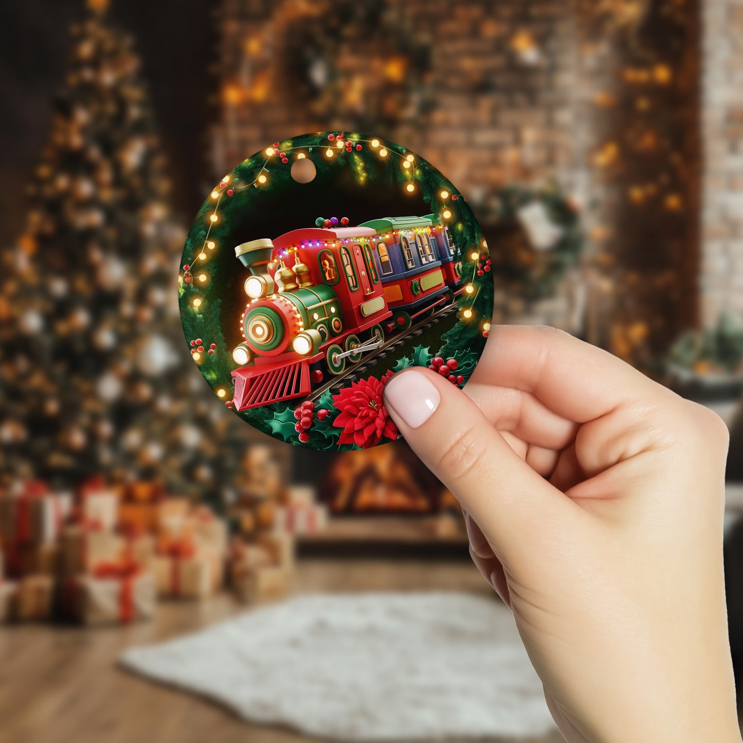 Netecom Funny Locomotive Christmas Ornament, Train Wreath Ceramic Ornament for Xmas Tree Hanging Decorations Gift, Train Lover Gifts, Home Decor, Holiday Party Present