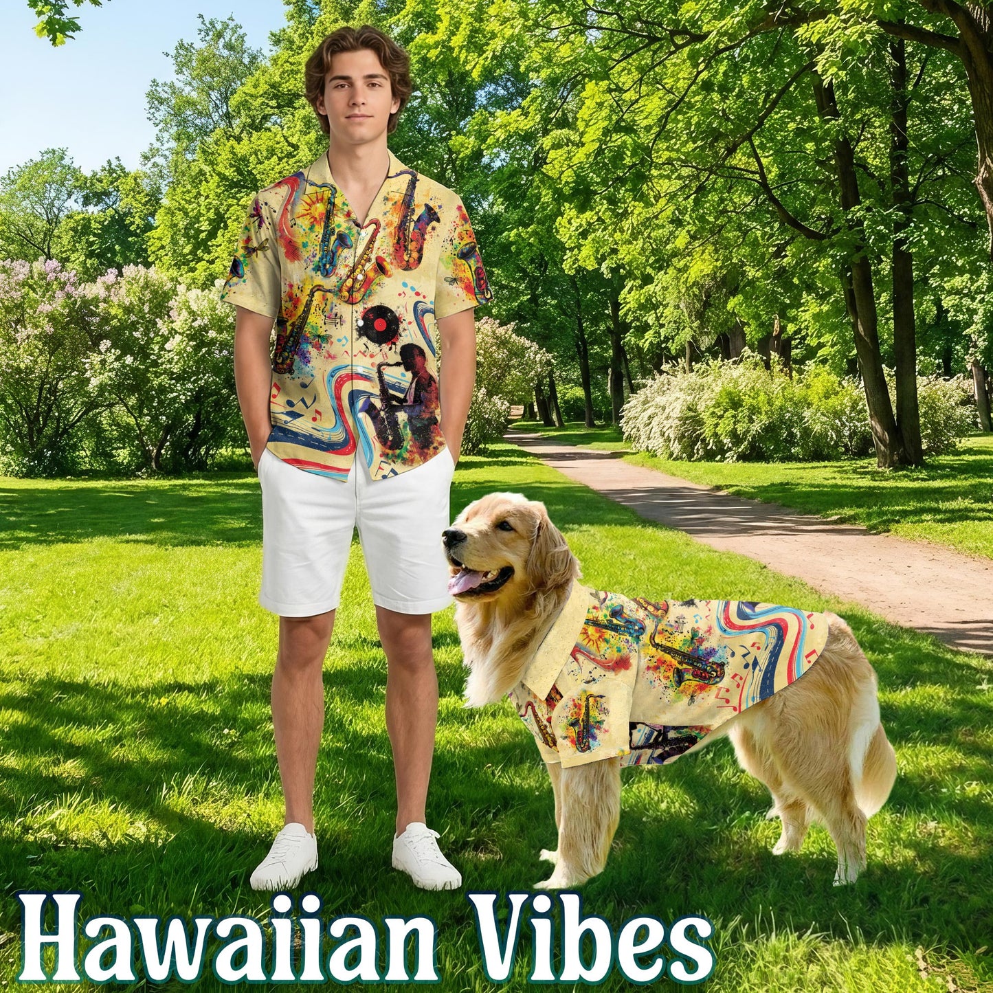 Netecom Matching Saxophone Hawaiian Shirt for Dog and Owner, Saxophone Is My Life Aloha Summer Shirt, Music Print Button Down Outfit for Pet and Human, Beach Vacation Casual Wear