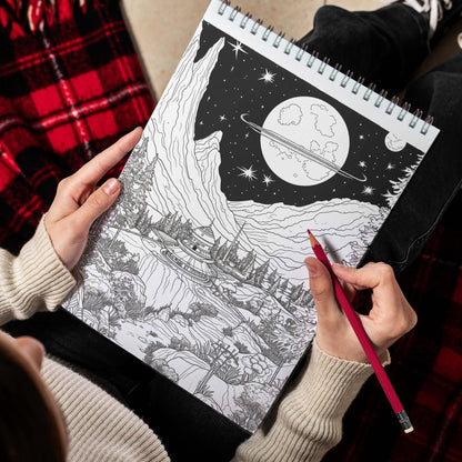 Space Landscapes Spiral Bound Coloring Book, A beautiful coloring book for adults, teens and children providing fun, stress relief and relaxation featuring amazing high contrast drawings of landscapes in space