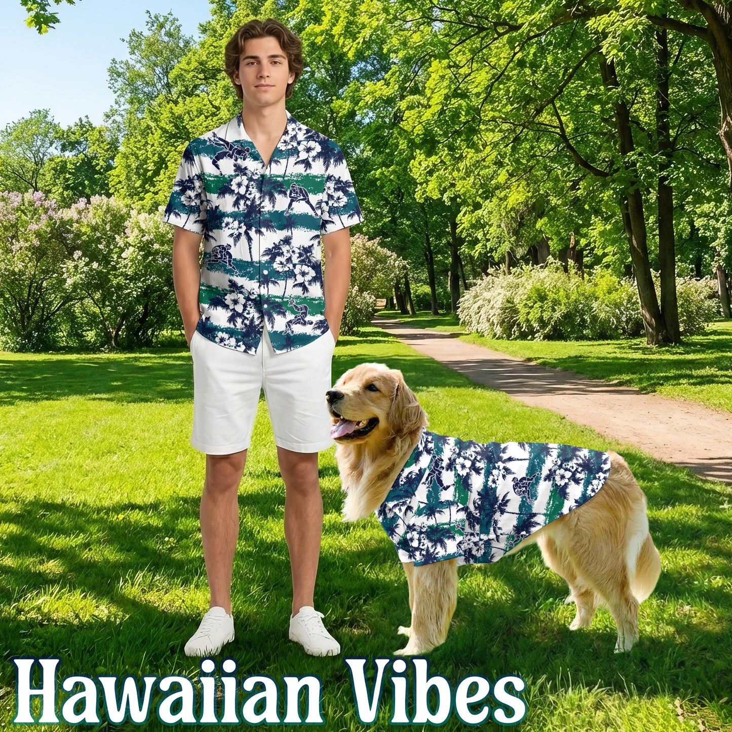 Netecom Matching Wrestling White Palm Aloha Hawaiian Shirt for Dog and Owner, Sport Inspired Summer Shirt, Relaxed Casual Outfit for Pet and Human
