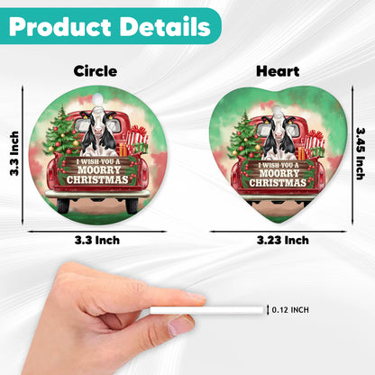 Netecom Funny Dairy Cattle in Red Truck Ornament, I Wish You a Moorry Christmas Ceramic Ornament for Christmas Tree Hanging Decorations Gift, Farm Animal Lover Gifts, Holiday Party Present