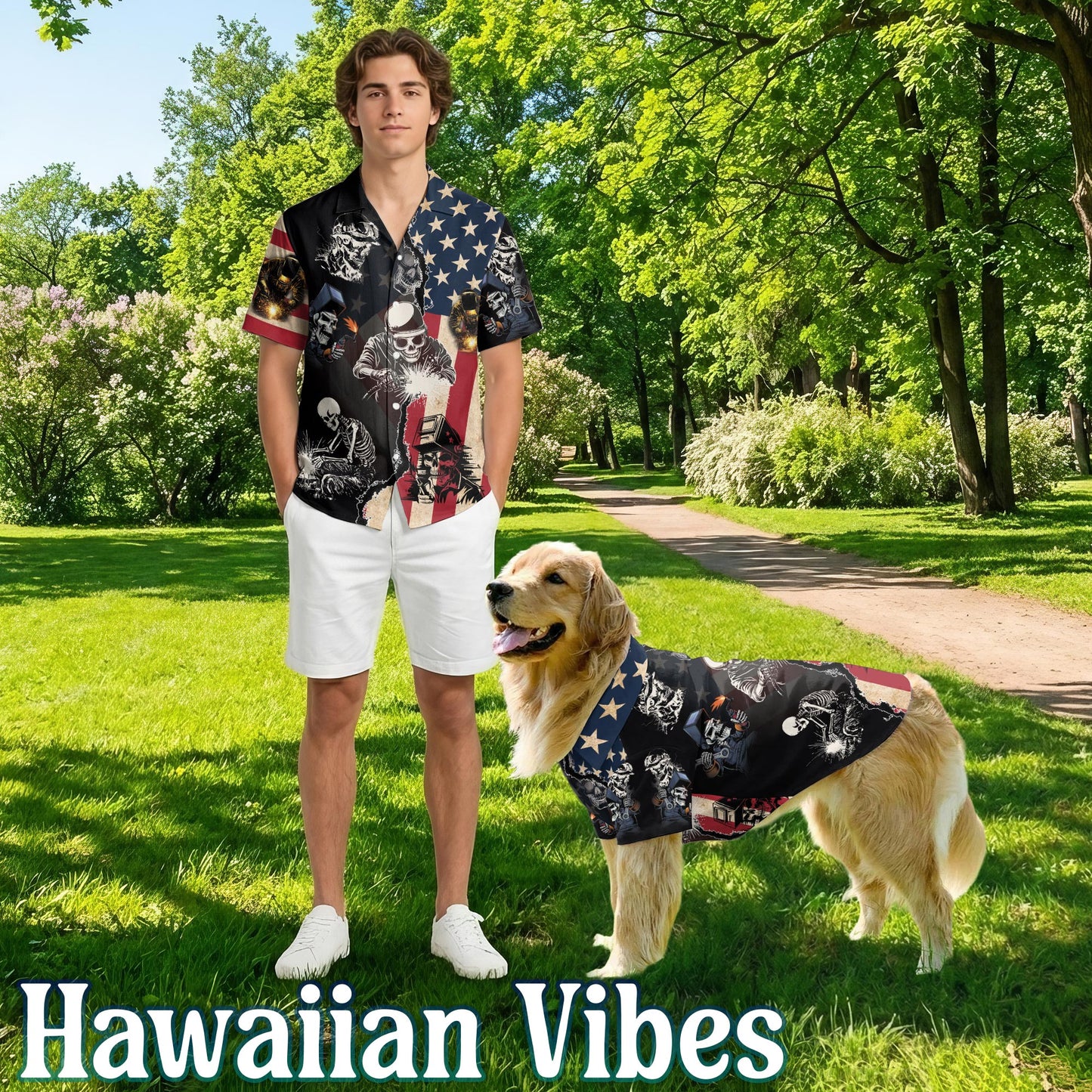 Netecom Matching Patriotic Welder Aloha Hawaiian Shirt for Dog and Owner, Limited Edition Summer Button Down Shirt, Bold Casual Beach Vacation Wear for Pet and Human