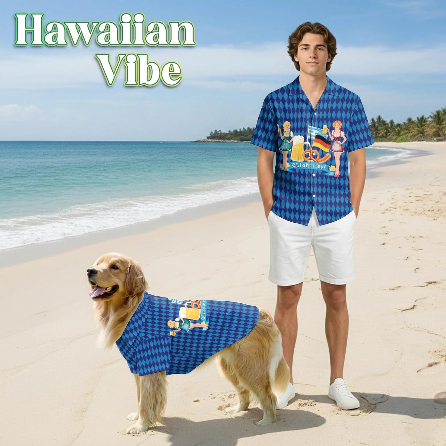 Oktoberfest Beer Celebration Print Hawaii Dog and Owner Matching Button Shirts