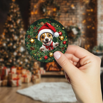 Netecom Funny Jack Russell Terrier Christmas Ornament, Dog Santa Hat Ceramic Ornament for Xmas Tree Hanging Decorations Gift, Puppy Lover Gifts, Home Decor, Holiday Party Present
