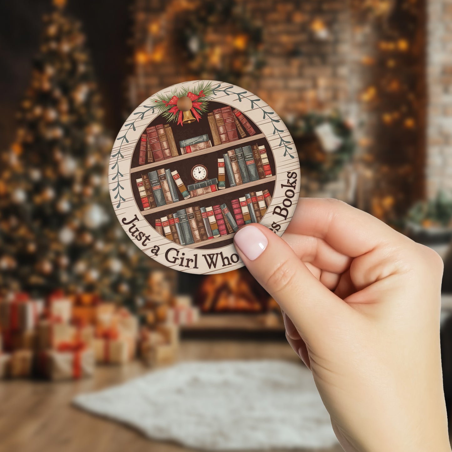 Netecom Just a Girl Who Loves Books Ornament, Bookshelf Circle Ceramic Ornament for Christmas Tree Hanging Decorations Gift, Book Lover Gifts for Women Librarian Teacher Bookworm Literature