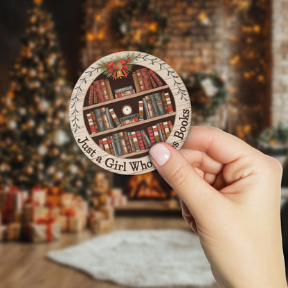 Netecom Just a Girl Who Loves Books Ornament, Bookshelf Circle Ceramic Ornament for Christmas Tree Hanging Decorations Gift, Book Lover Gifts for Women Librarian Teacher Bookworm Literature