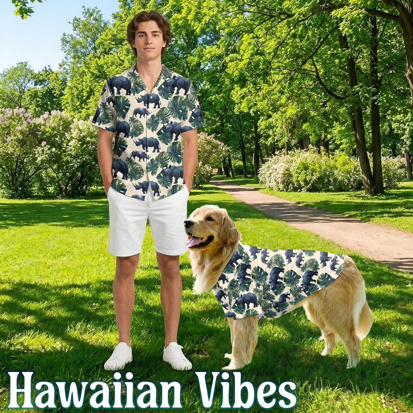 Netecom Matching Amazing Rhino Aloha Hawaiian Shirt for Dog and Owner, Aloha Summer Shirt, Wildlife Rhino Print Outfit for Pet and Human, Beach Vacation Casual Wear