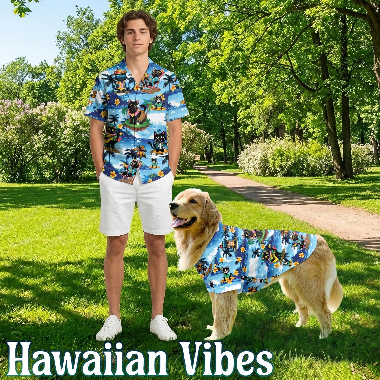 Netecom Matching Black Cat Beach Hawaiian Shirt for Dog and Owner, Aloha Summer Shirt, 3D Cat Print Outfit for Pet and Human, Beach Vacation Casual Wear