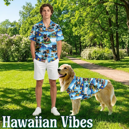 Netecom Matching Black Cat Beach Hawaiian Shirt for Dog and Owner, Aloha Summer Shirt, 3D Cat Print Outfit for Pet and Human, Beach Vacation Casual Wear