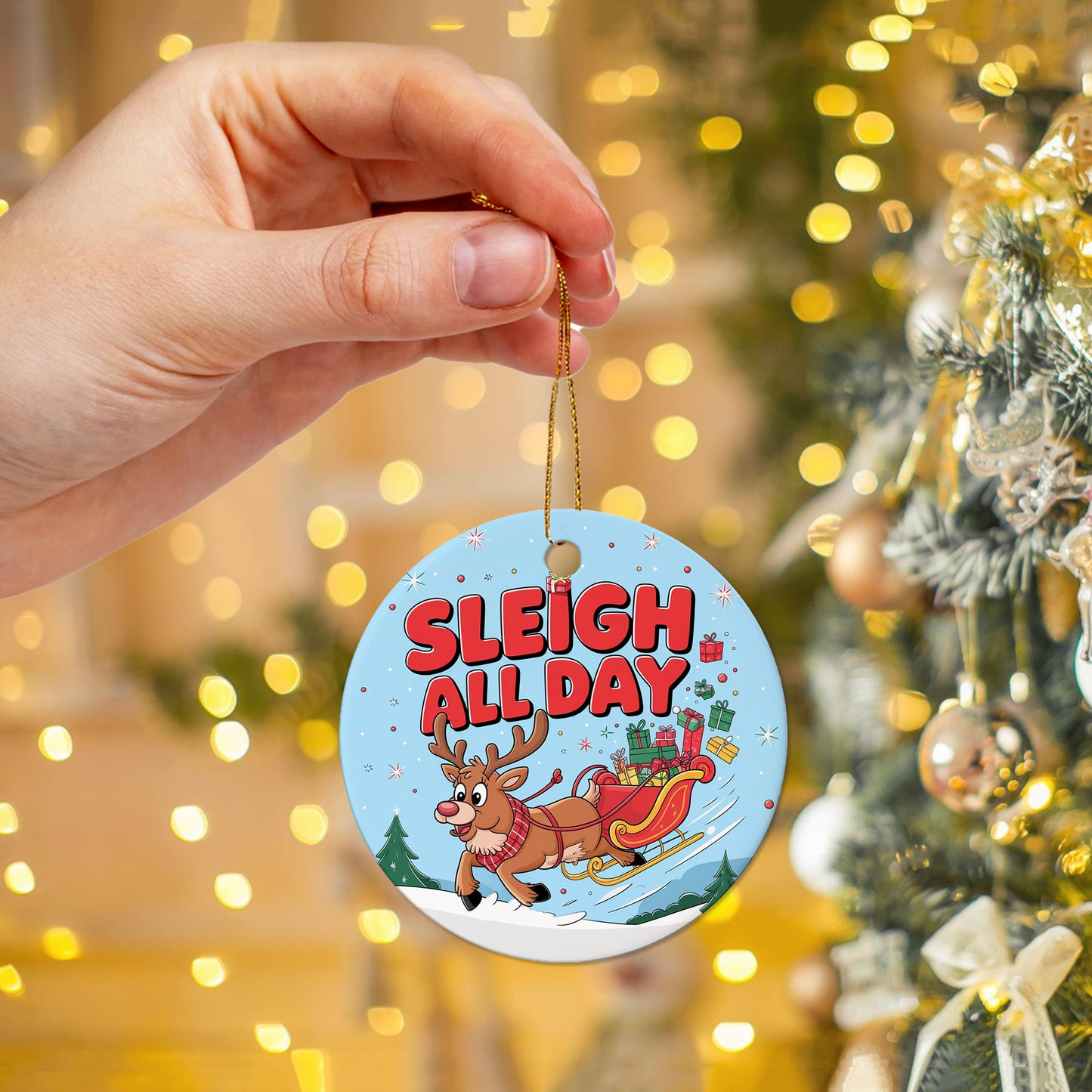 Netecom Funny Santa Sleigh Christmas Ornament, Sleigh All Day Ceramic Ornament for Xmas Tree Hanging Decorations Gift, Home Decor, Gifts for Friends & Family, Holiday Party Present