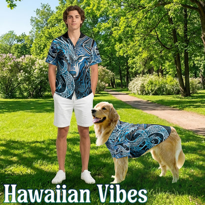 Netecom Matching Fenrir Blue Hawaiian Shirt for Dog and Owner, Aloha Summer Shirt, Wolf Myth Print Button Down Outfit for Pet and Human, Beach Vacation Casual Wear