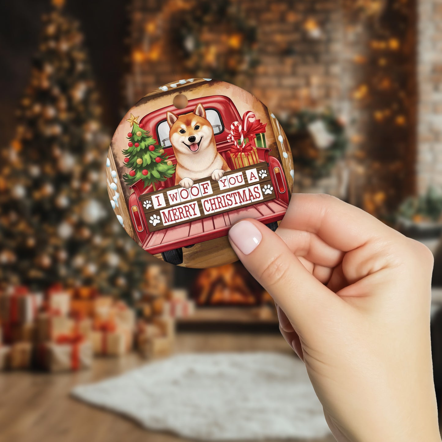 Netecom Cute Shiba Inu in Holiday Truck Ornament, I Woof You a Merry Christmas Ceramic Ornament for Christmas Tree Hanging Decorations Gift, Dog Lover Gifts, Holiday Decor Present