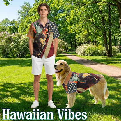 Netecom Matching Dragon US Flag Hawaiian Shirt for Dog and Owner, Patriotic Aloha Summer Shirt, Dragon Flag Print Button Down Outfit for Pet and Human, Beach Vacation Casual Wear