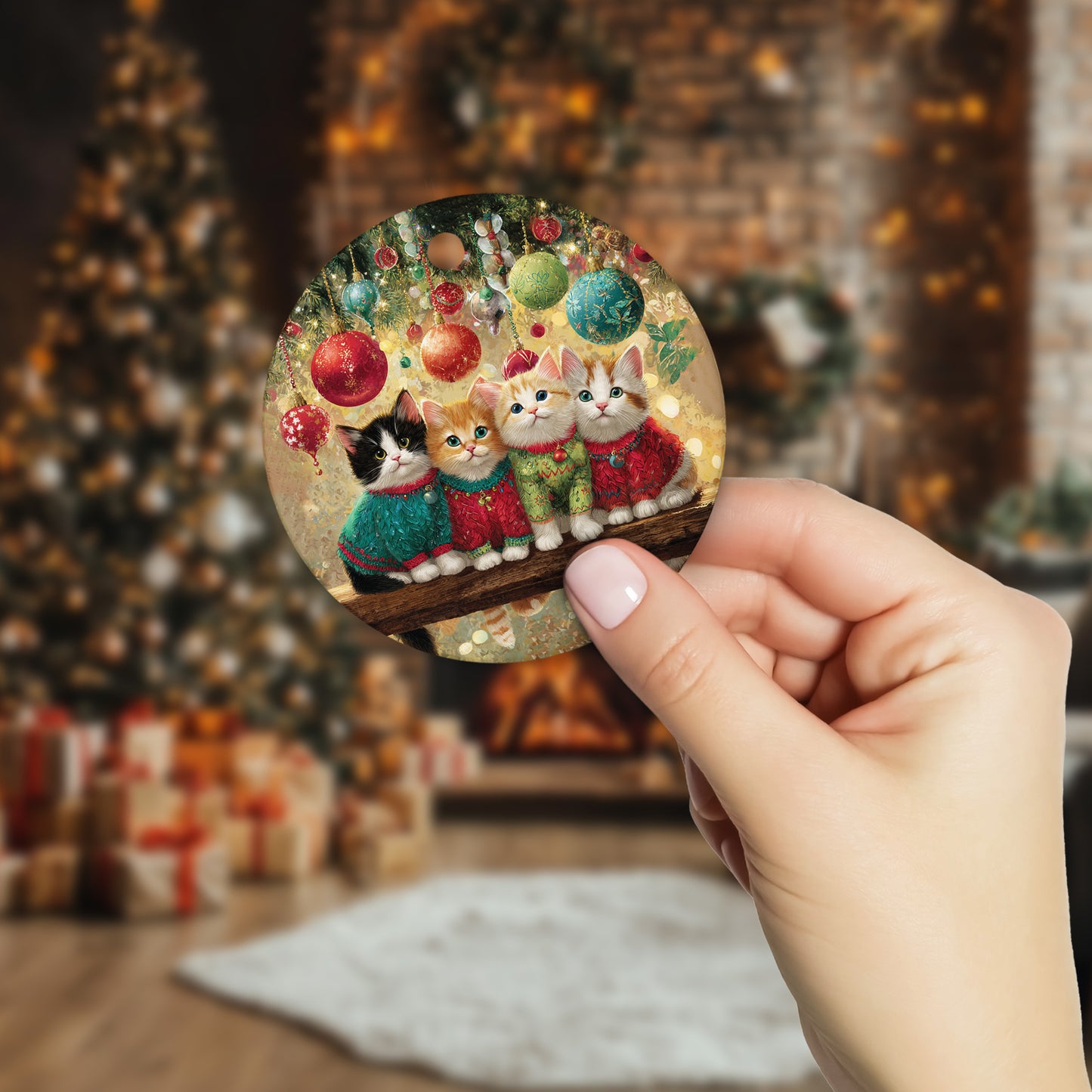 Netecom Cute Cozy Cat Christmas Ornament, Kitten Family Ceramic Ornament for Xmas Tree Hanging Decorations Gift, Cat Lover Gifts, Home Decor, Holiday Party Present