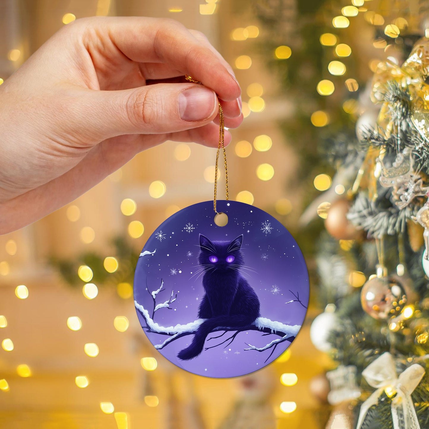 Netecom Enchanted Purple Cat Christmas Ornaments, Ceramic Snow Night Sky Keepsake Ornament for Christmas Tree Decorations, Kitten Lover Gift, Gifts for Holiday, Party, Home Decor