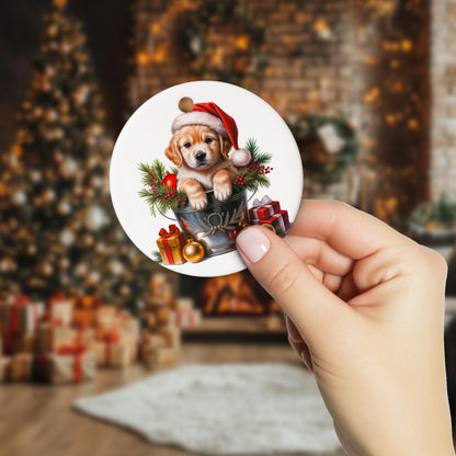 Netecom Cute Golden Retriever in Bucket Ornament, Dog with Santa Hat Ceramic Ornament for Christmas Tree Hanging Decorations Gift, Puppy Lover Gifts, Home Decor, Holiday Party Present