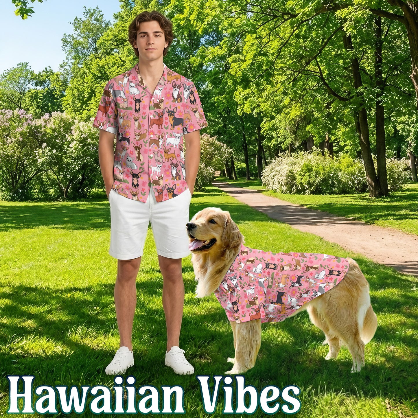 Netecom Matching Floral Chihuahua Aloha Hawaiian Shirt for Dog and Owner, Cute Dog Print Summer Shirt, Casual Vacation Wear for Pet and Human