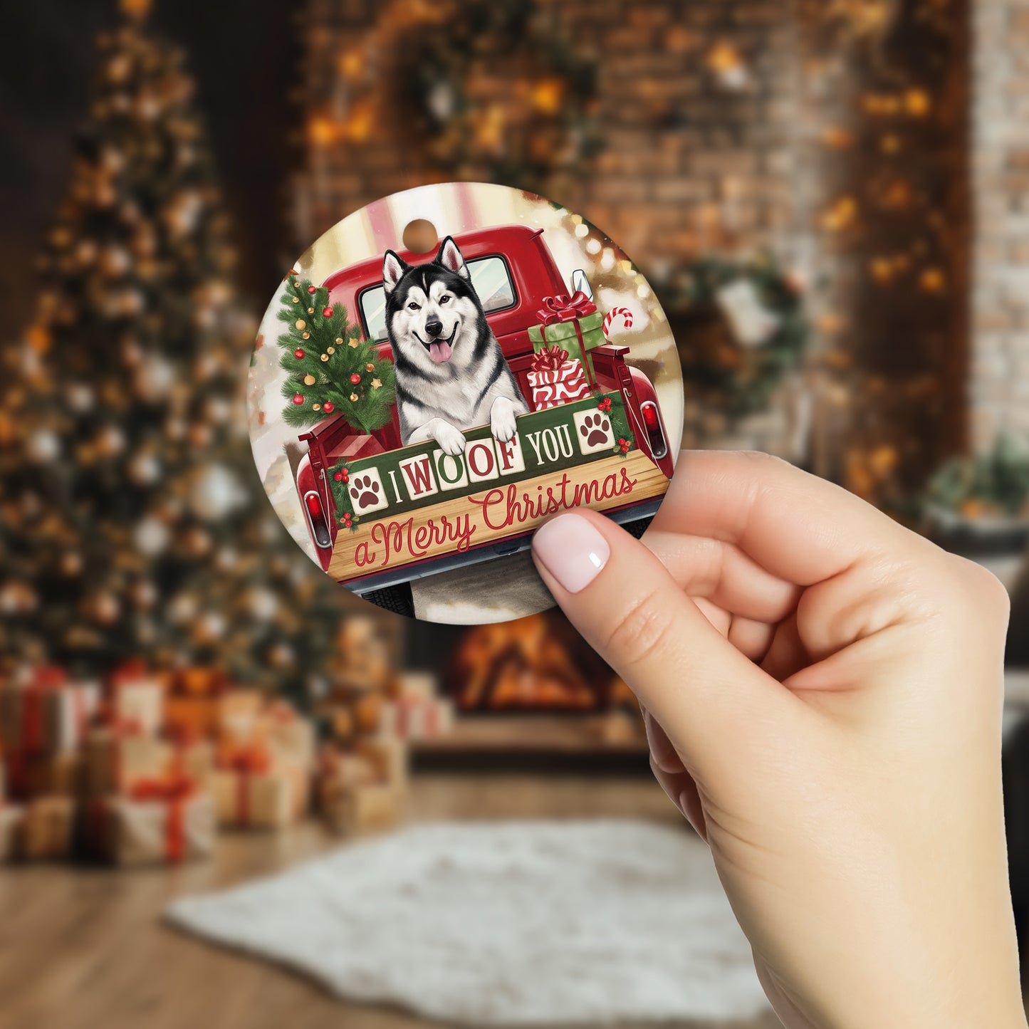 Netecom Funny Alaskan Malamute in Red Truck Ornament, I Woof You a Merry Christmas Ceramic Ornament for Christmas Tree Hanging Decorations Gift, Dog Lover Gifts, Holiday Party Present