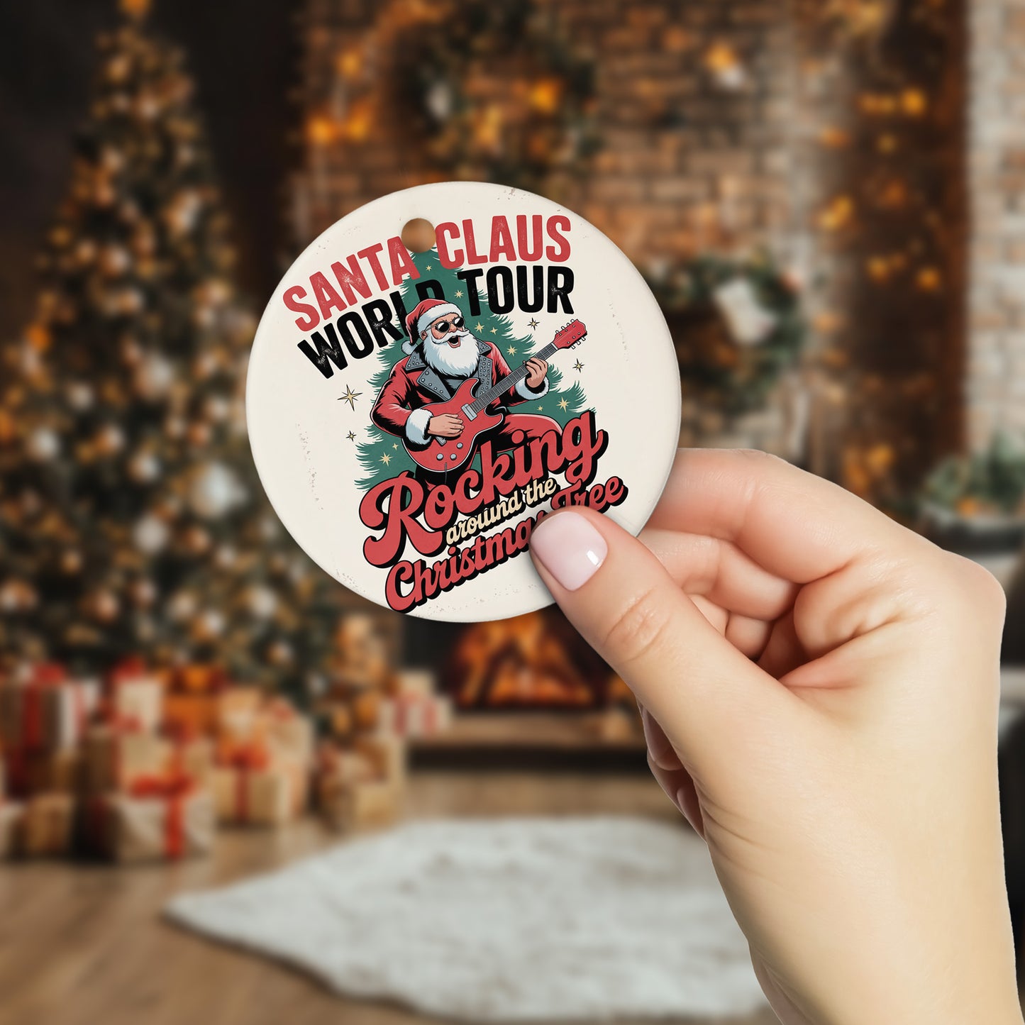 Netecom Rockin' Santa Plays Guitar Christmas Ornament, Santa Claus Playing Musical Instrument Ceramic Ornament for Xmas Tree Hanging Decorations Gift, Music Lover Gifts, Holiday Party Present