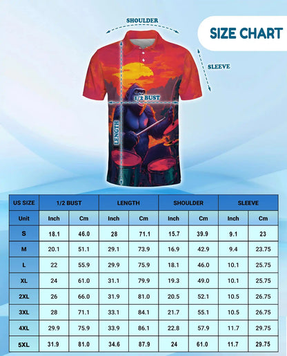 Funny Gorilla Drummer Polo Shirt - Sunset Rock Music Style | Netecom