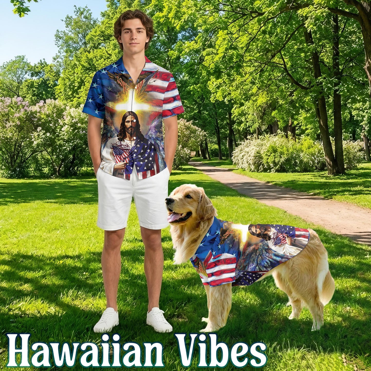 Netecom Matching America and Jesus Bless Hawaiian Shirt for Dog and Owner, Aloha Summer Shirt, Patriotic Faith Print Outfit for Pet and Human, Beach Vacation Casual Wear