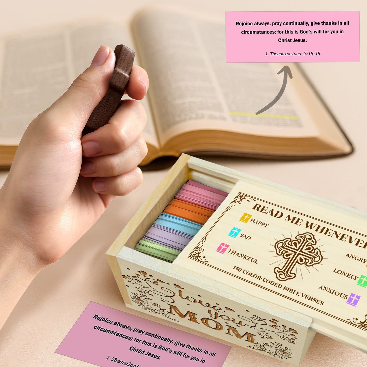 Netecom Personalized Bible Verse Box for Mom, Wooden Scripture Box with 150 Color-Coded Verses & Custom Name Prayer Cross – Meaningful Christian Gift for Mother