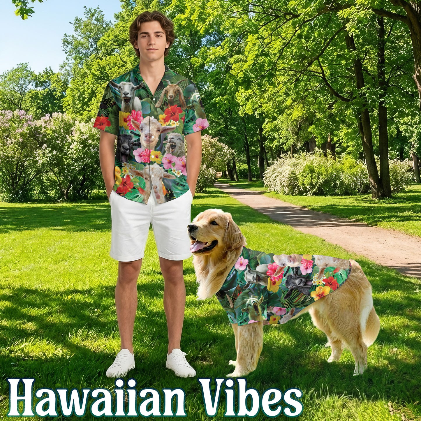 Netecom Matching Happy Goat Hawaiian Shirt for Dog and Owner, Fun Animal Aloha Summer Shirt, Playful Button Down Outfit for Pet and Human, Vacation Beach Casual Wear