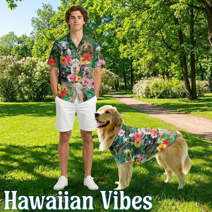 Netecom Matching Happy Goat Hawaiian Shirt for Dog and Owner, Fun Animal Aloha Summer Shirt, Playful Button Down Outfit for Pet and Human, Vacation Beach Casual Wear