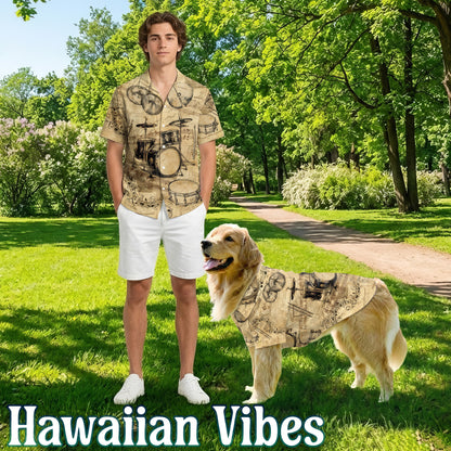 Netecom Matching Drum Hawaiian Shirt for Dog and Owner, Music Aloha Summer Shirt, Drum Print Button Down Outfit for Pet and Human, Beach Vacation Casual Wear