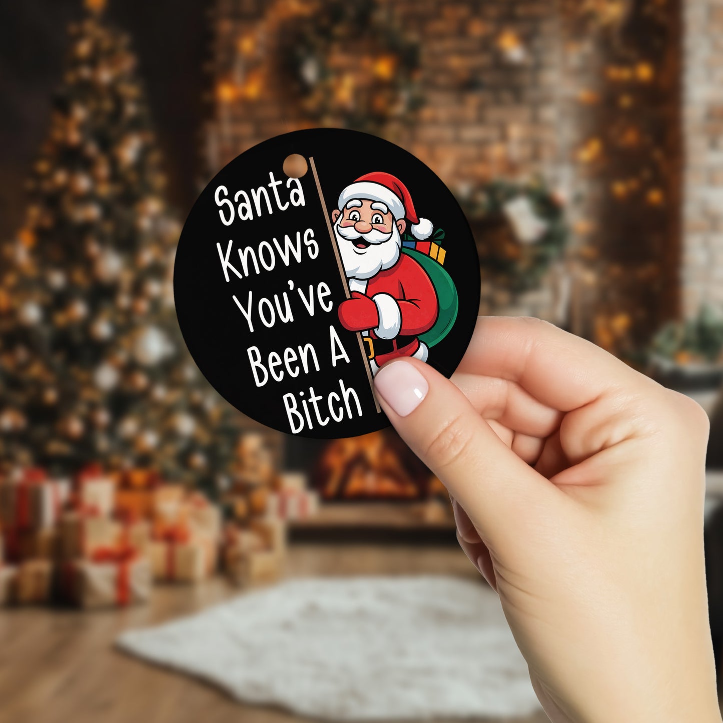 Netecom Funny Santa Claus Christmas Ornament, Santa Knows You've Been Ceramic Ornament for Xmas Tree Hanging Decorations Gift, Gifts for Friends & Family, Holiday Party Present