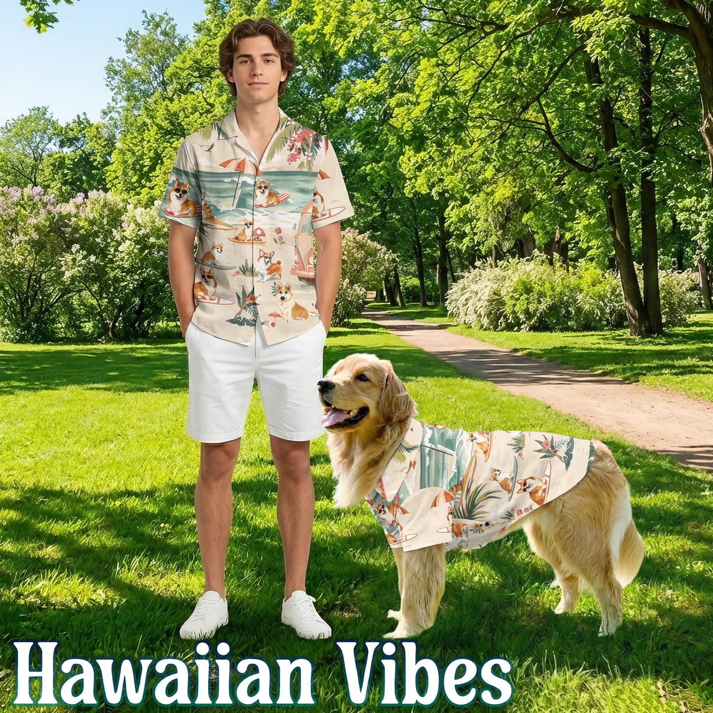 Netecom Matching Corgi Hawaiian Shirt for Dog and Owner, Cute Dog Lover Aloha Summer Shirt, Button Down Beach Outfit for Pet and Human, Vacation Casual Wear