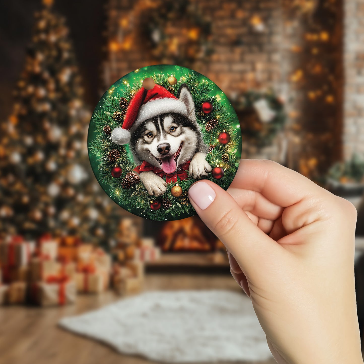 Netecom Funny Alaskan Malamute Christmas Ornament, Dog Santa Hat Ceramic Ornament for Xmas Tree Hanging Decorations Gift, Puppy Lover Gifts, Home Decor, Holiday Party Present